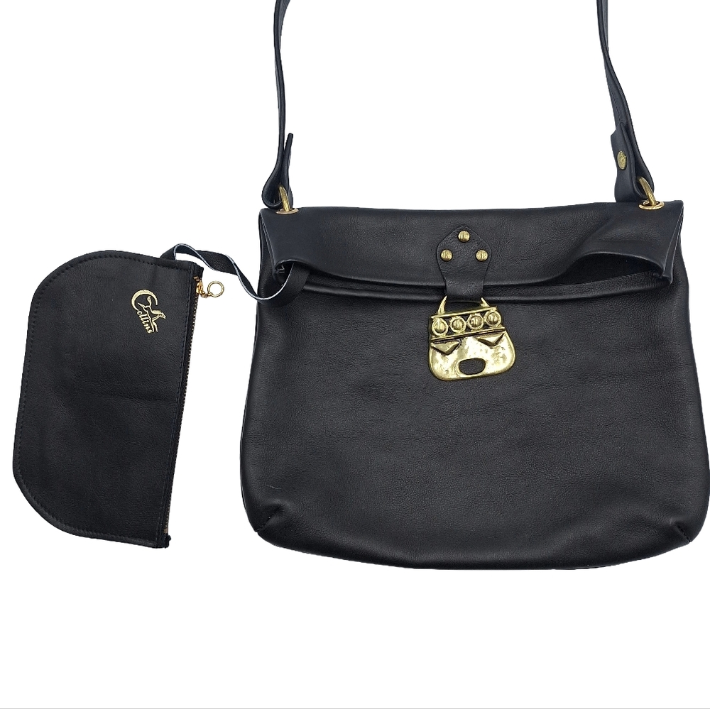 Vintage Enid Collins All-Leather Purse w Brass Medallion + Zipper Pouch - Picture 5 of 14